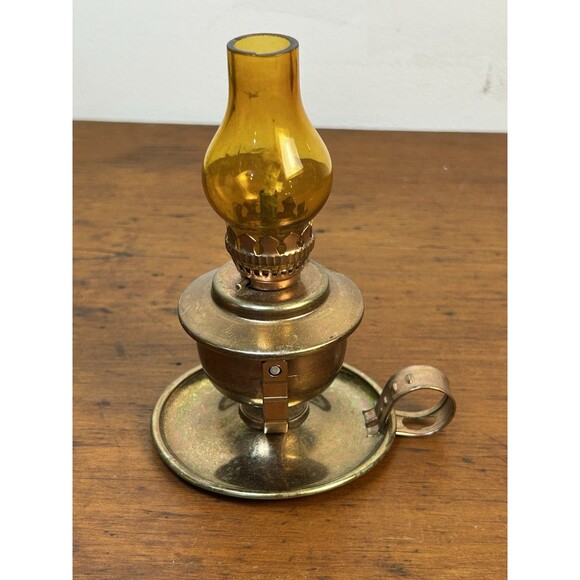 Vintage Miniature Oil Lamp Copper & Amber Glass W/Finger Holds Tilts Decorative - Picture 1 of 9